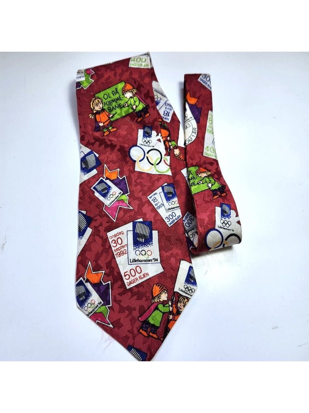 Vintage Olympic Necktie Tie Lillehammer 94 Silk Red Winter Olympics 54"